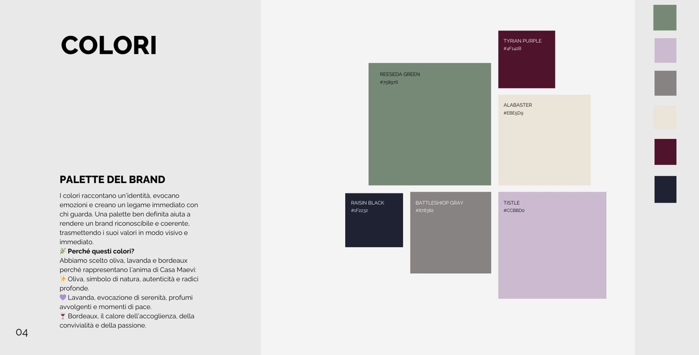 Palette colori dal brand book di Casa Maevi
