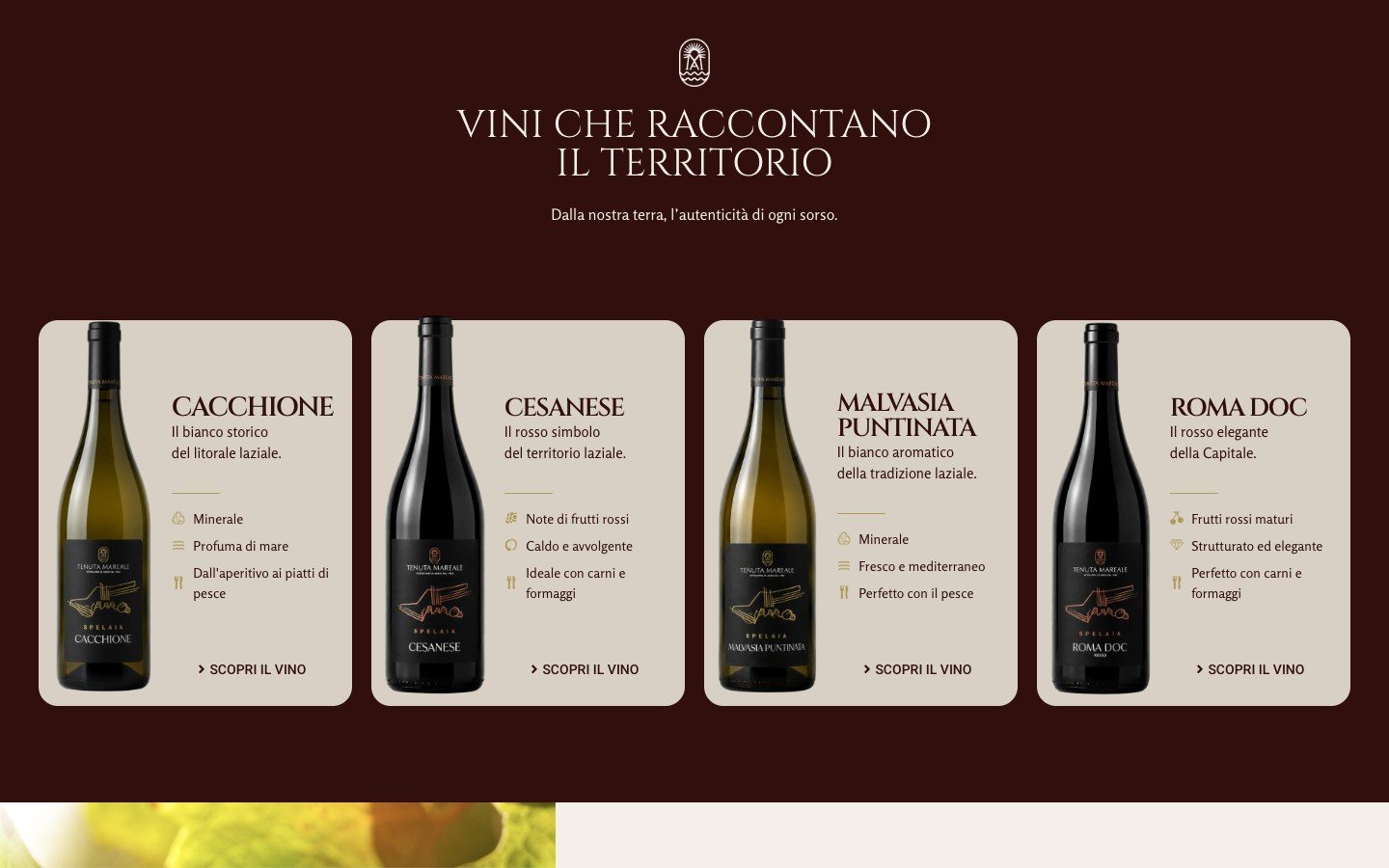 Sezione vini del sito Tenuta Mareale con le bottiglie e le etichette